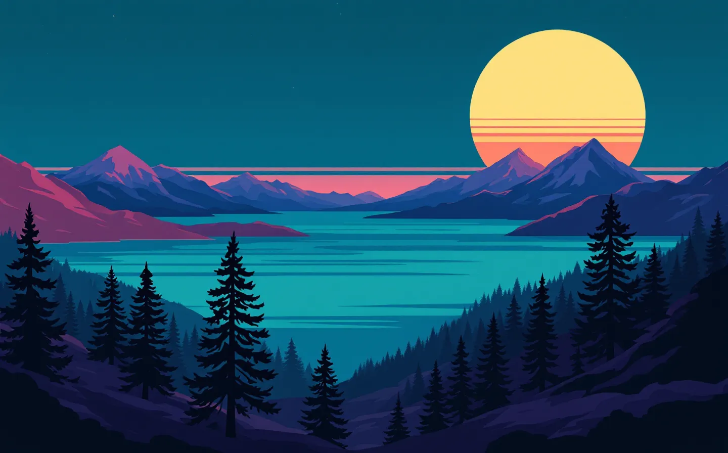 Flat-plane retro travel-poster panorama of a cool twilight coastline with four triangular alpine peaks representing the four KLOW constituents, a magenta low sun, a teal sea and a mint wave arc on a midnight-teal ground